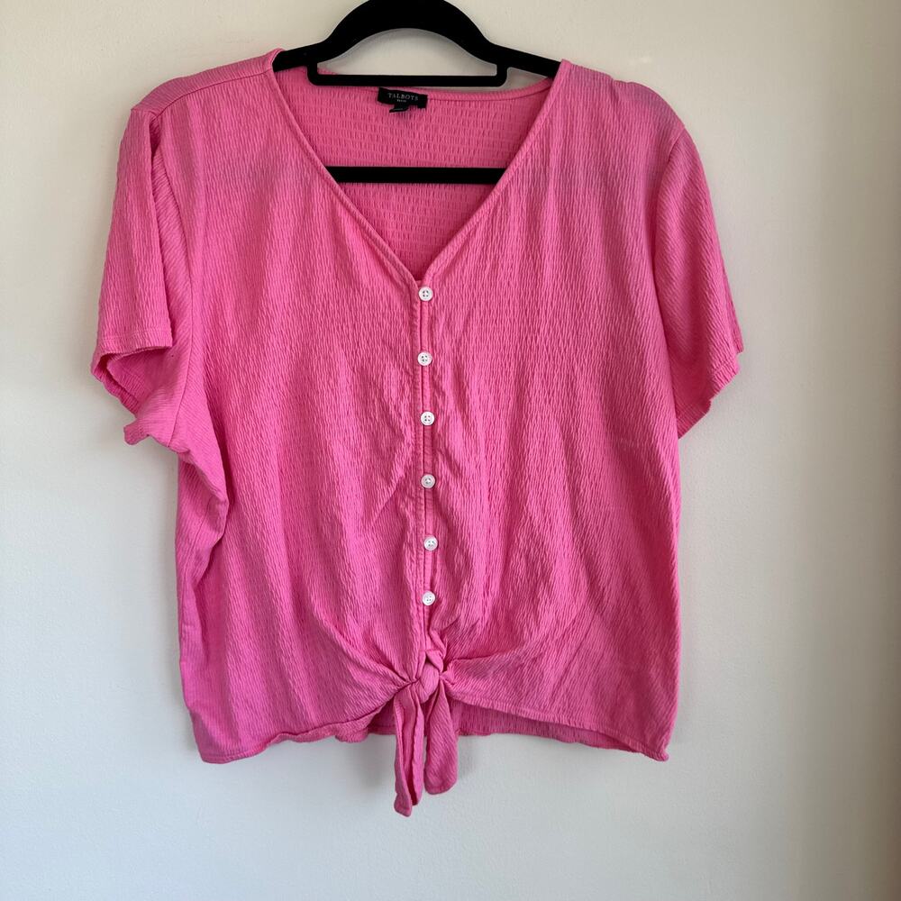 Talbots Waist Tie Top Pink V-Neck Shirred Button Front Short Sleeve Sz LP